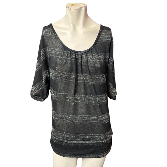 Pat Rigs Tops - Black Sparkle Striped Sheer Mesh Top Dolman Sleeve Women's Large